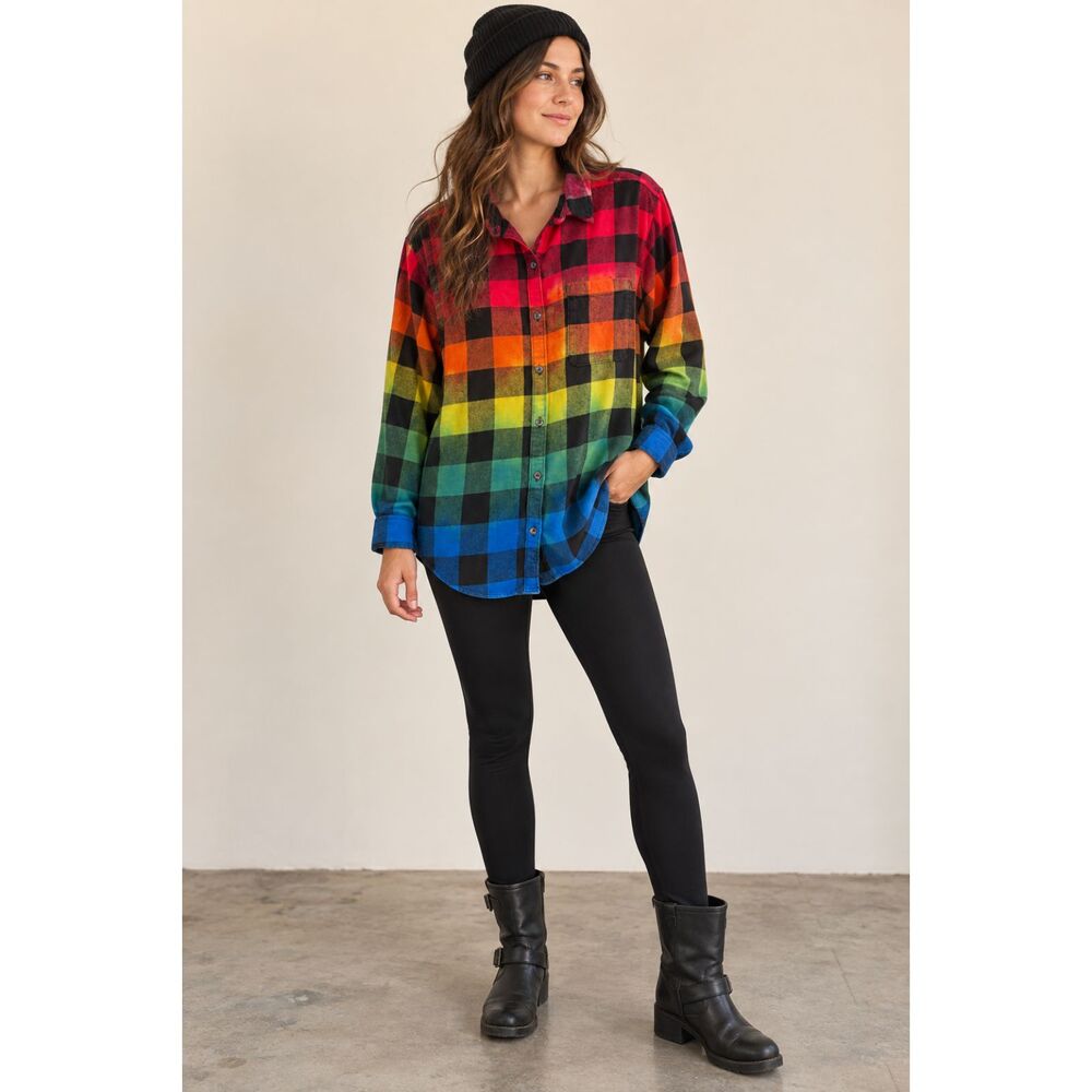 SO Brand Rainbow Hand Dyed Flannel Shirt Size L Unisex Cotton Button Down